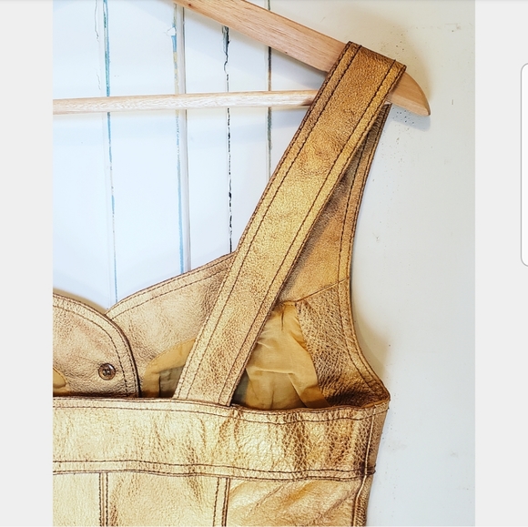 Free People yellow Gold cow Leather button Jumper Party sleeveless mini Dress - Picture 10 of 11